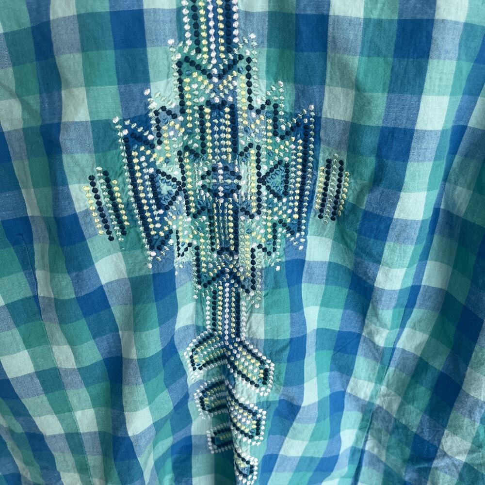 VTG Panhandle Women Snap Front Shirt Turquoise Aztec Beads Roll Tab Large - Picture 5 of 15